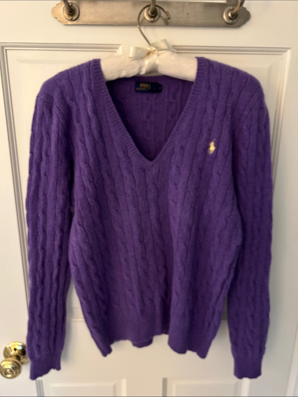 Polo Ralph Lauren Wool Cashmere Purple Cable knit v neck sweater, sz L